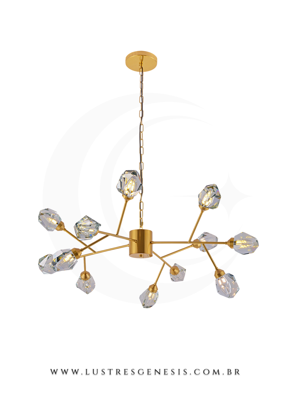 Luminária pendente de cristal Sirius 105cm da Sindora, com design moderno em dourado e cristais, ideal para sala de jantar ou estar.