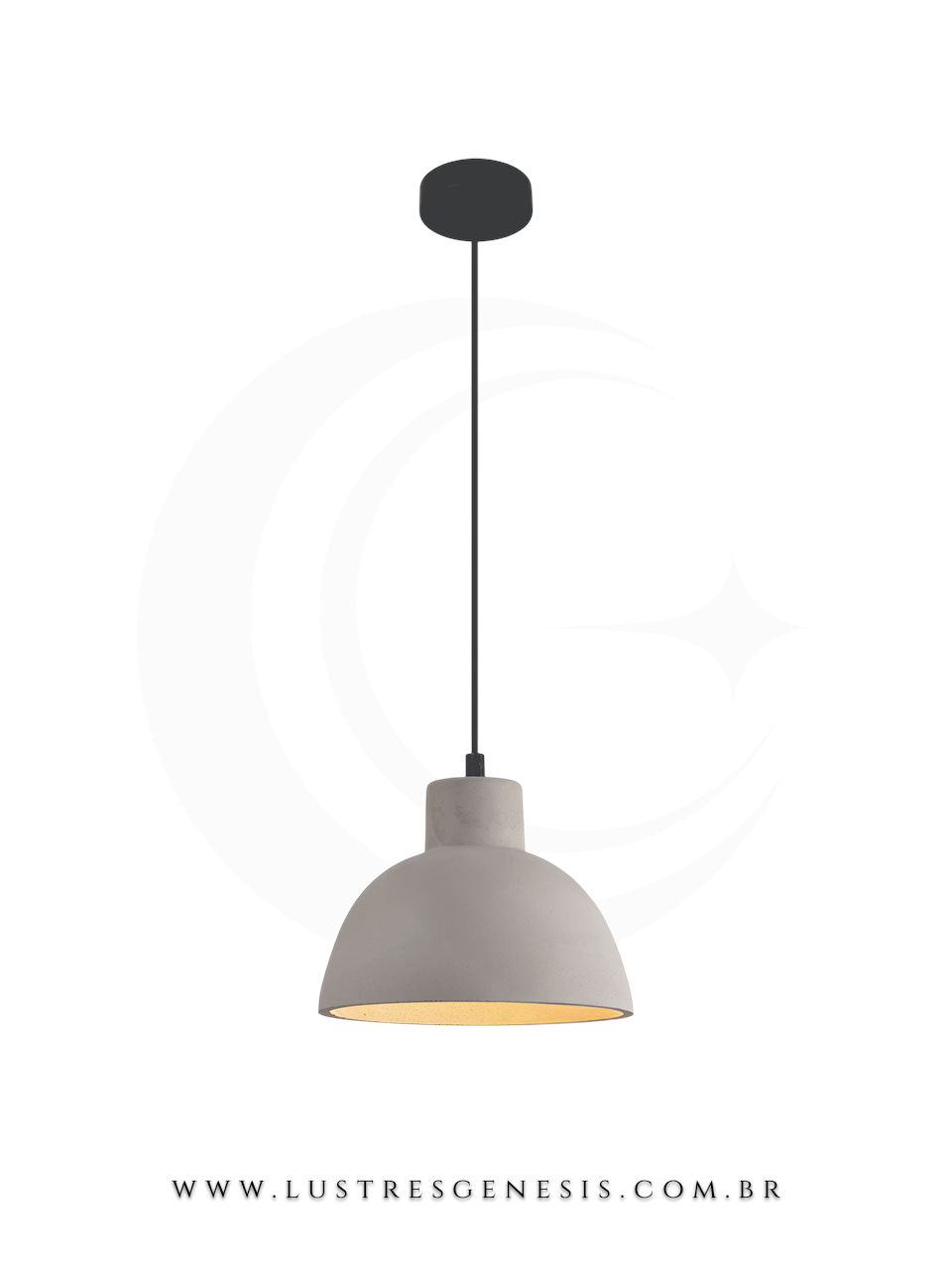 Luminária de teto com design industrial e moderno, com cúpula de cimento e iluminação direcionada.