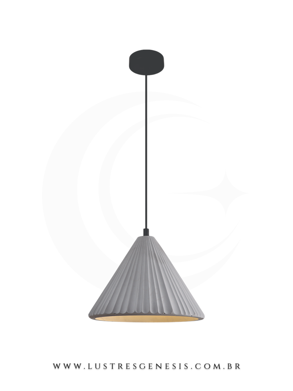 Luminária de teto com design industrial e moderno, com cúpula de cimento e iluminação direcionada.
