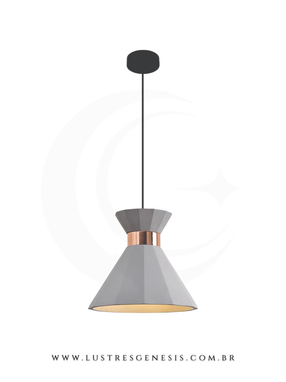 Pendente de teto com cúpula em formato cônico, acabamento cinza e anel decorativo em rosé gold.