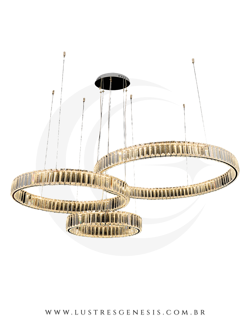 Lustre Pendente Ring de Cristal 3 Anéis Dourado