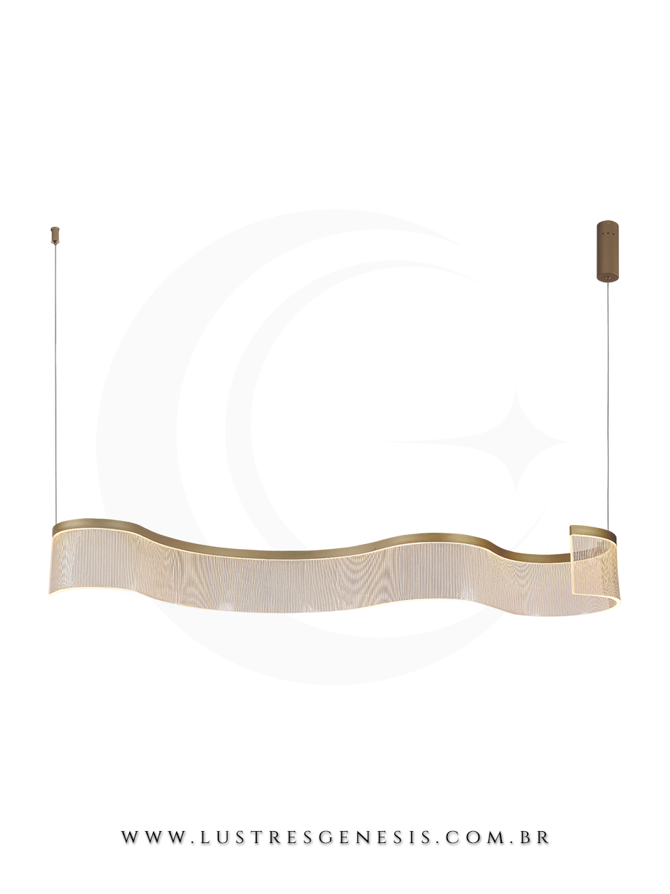 Lustre pendente moderno de LED dourado Vicent 120cm, design ondulado, ideal para sala de jantar, escrit&oacute;rios, apartamentos e sala de estar.