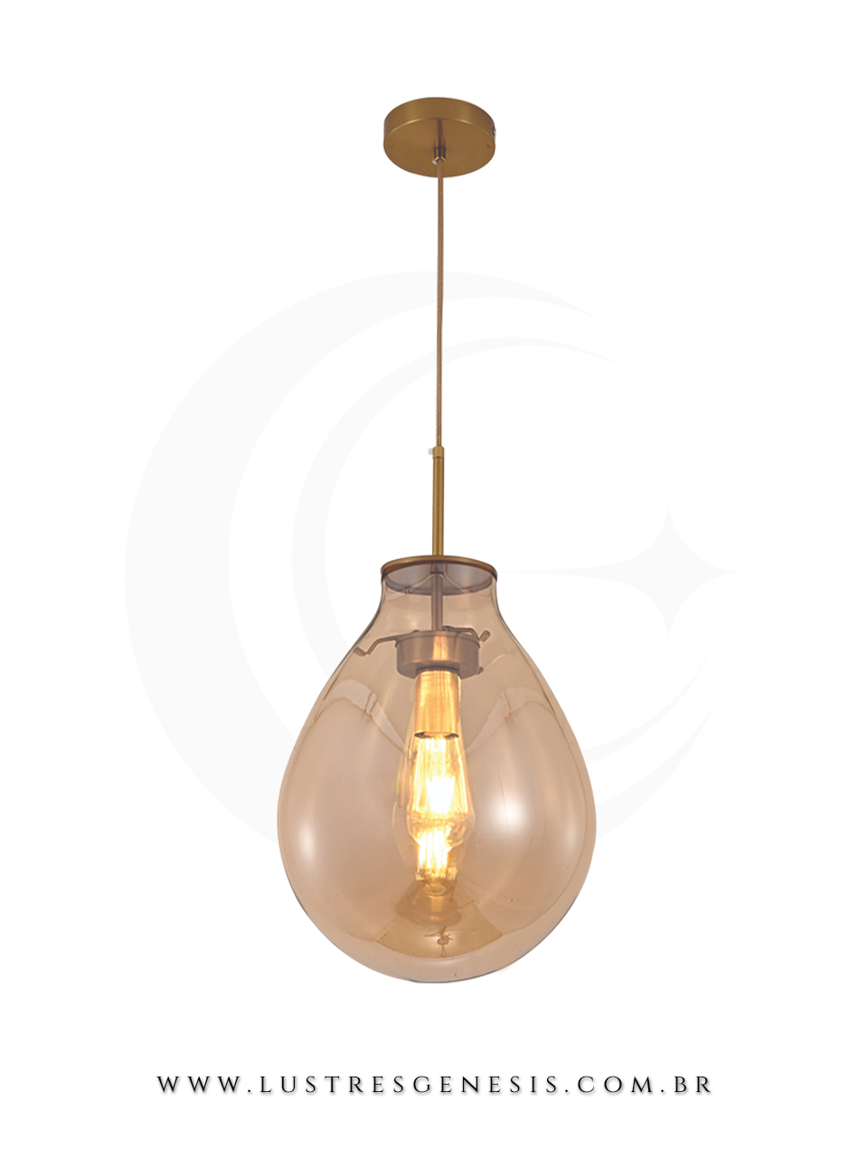 Lumin&aacute;ria de teto pendente moderno com design em vidro acqua conhaque, ideal para sala de jantar e p&eacute; direito duplo. Lustres G&ecirc;neiss loja online de Lustres e Ilumina&ccedil;&atilde;o Decorativa