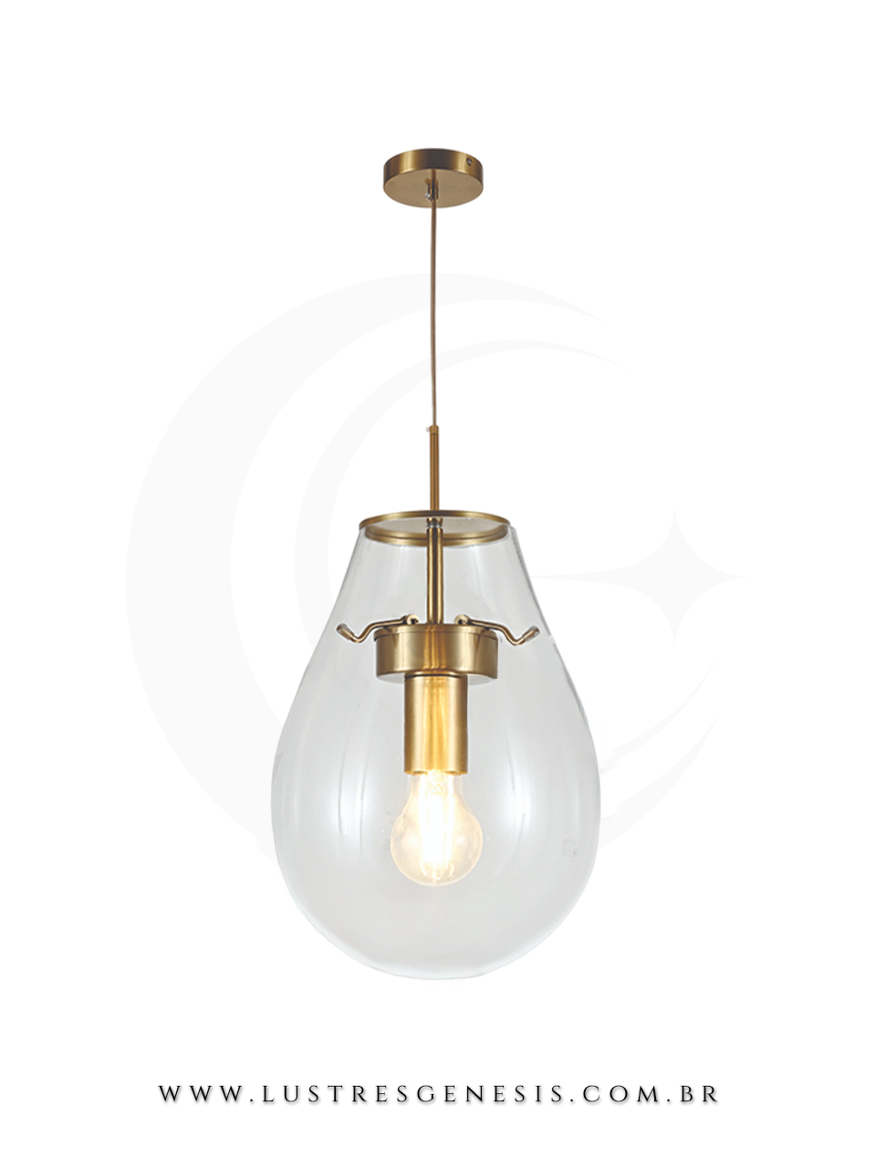 Lumin&aacute;ria de teto pendente moderno com c&uacute;pula de vidro transparente e estrutura dourada. Lustres G&ecirc;neiss loja online de Lustres e Ilumina&ccedil;&atilde;o Decorativa