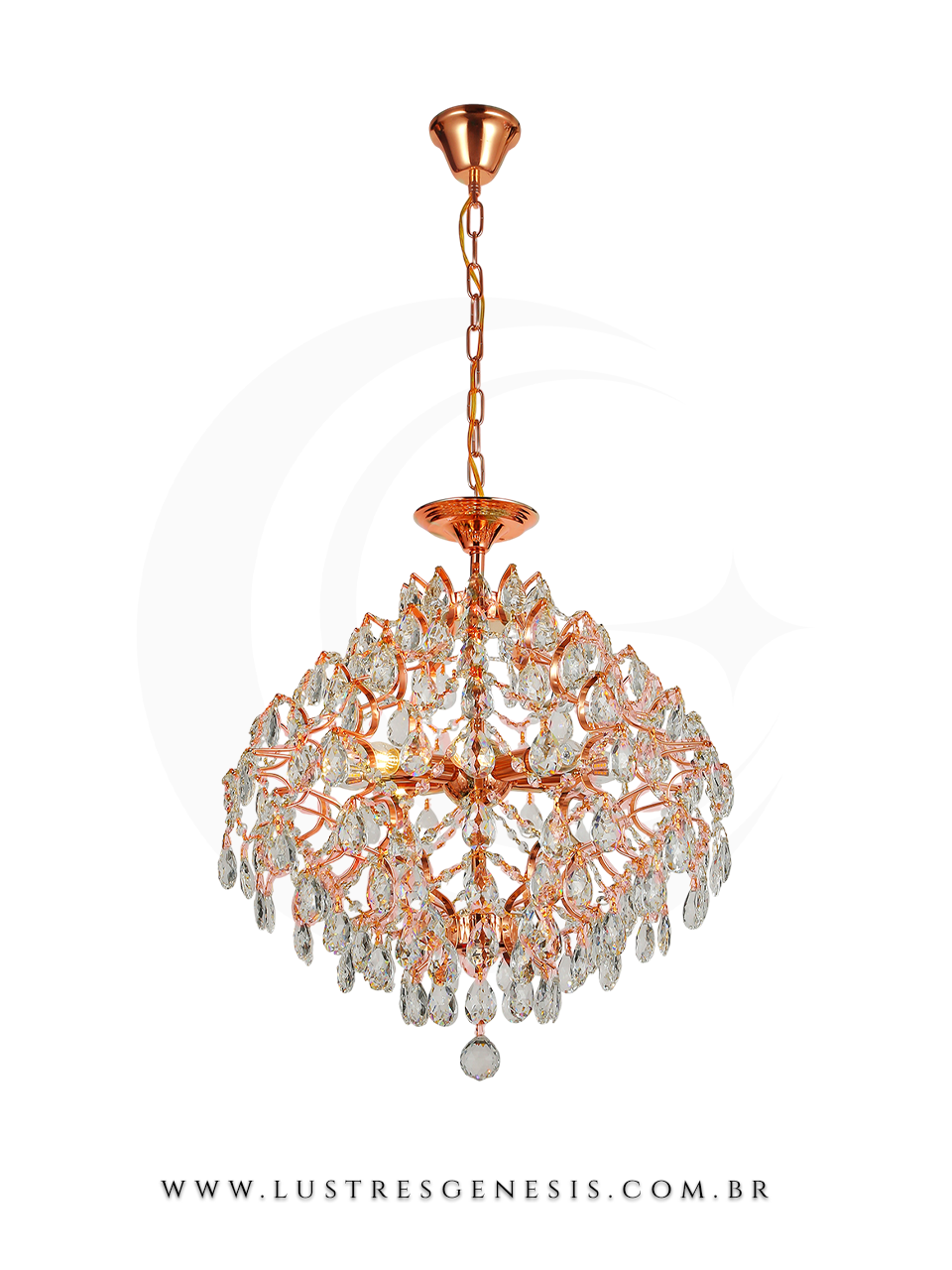 Lustre Rose Brilhante de Cristal Linseed Ø55cm da Sindora, ideal para casas com pé direito duplo ou alto, com design sofisticado e cristais pendentes.