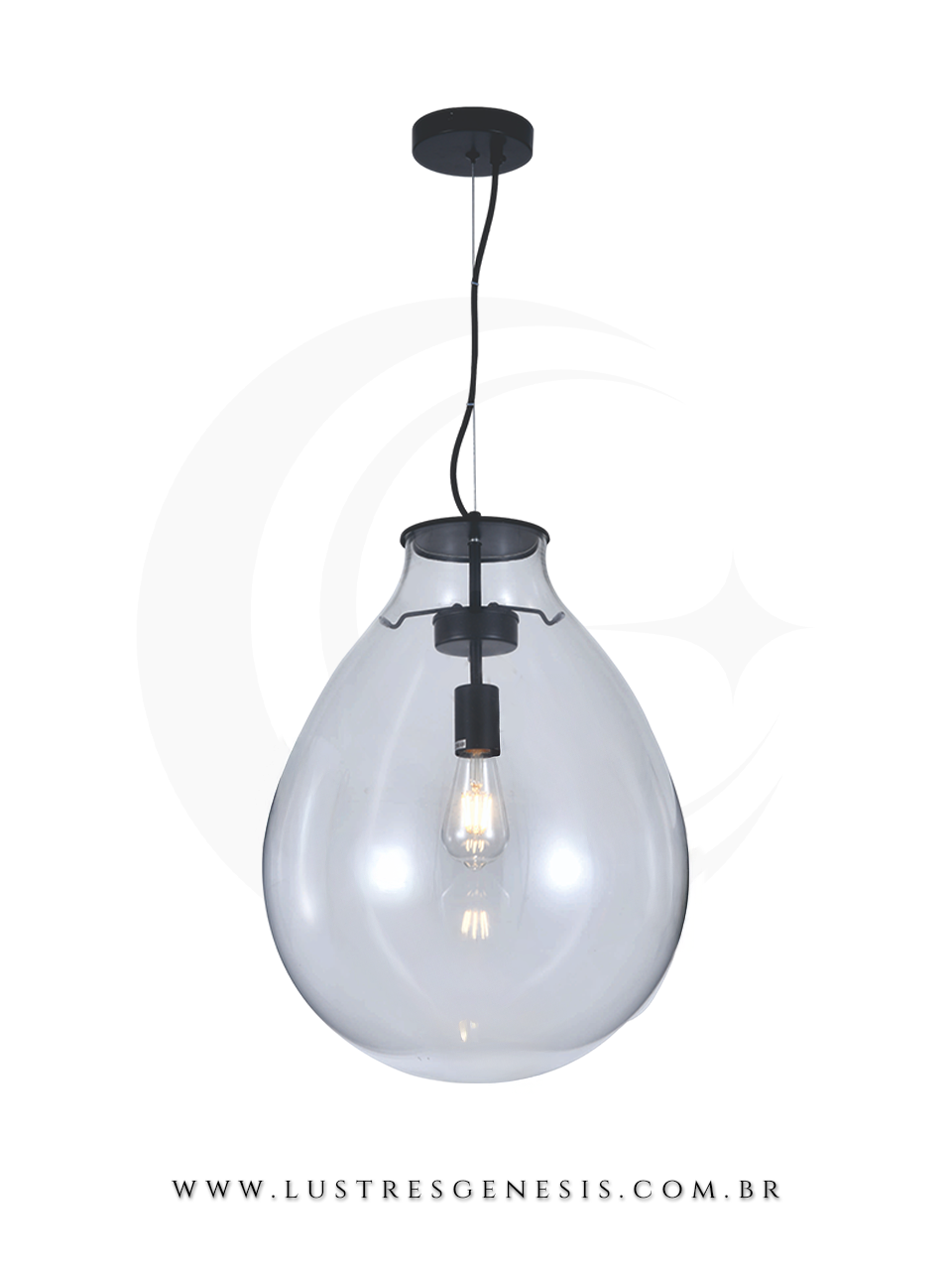 Pendente de teto com c&uacute;pula de vidro transparente em formato de gota e estrutura interna preta para uma l&acirc;mpada.