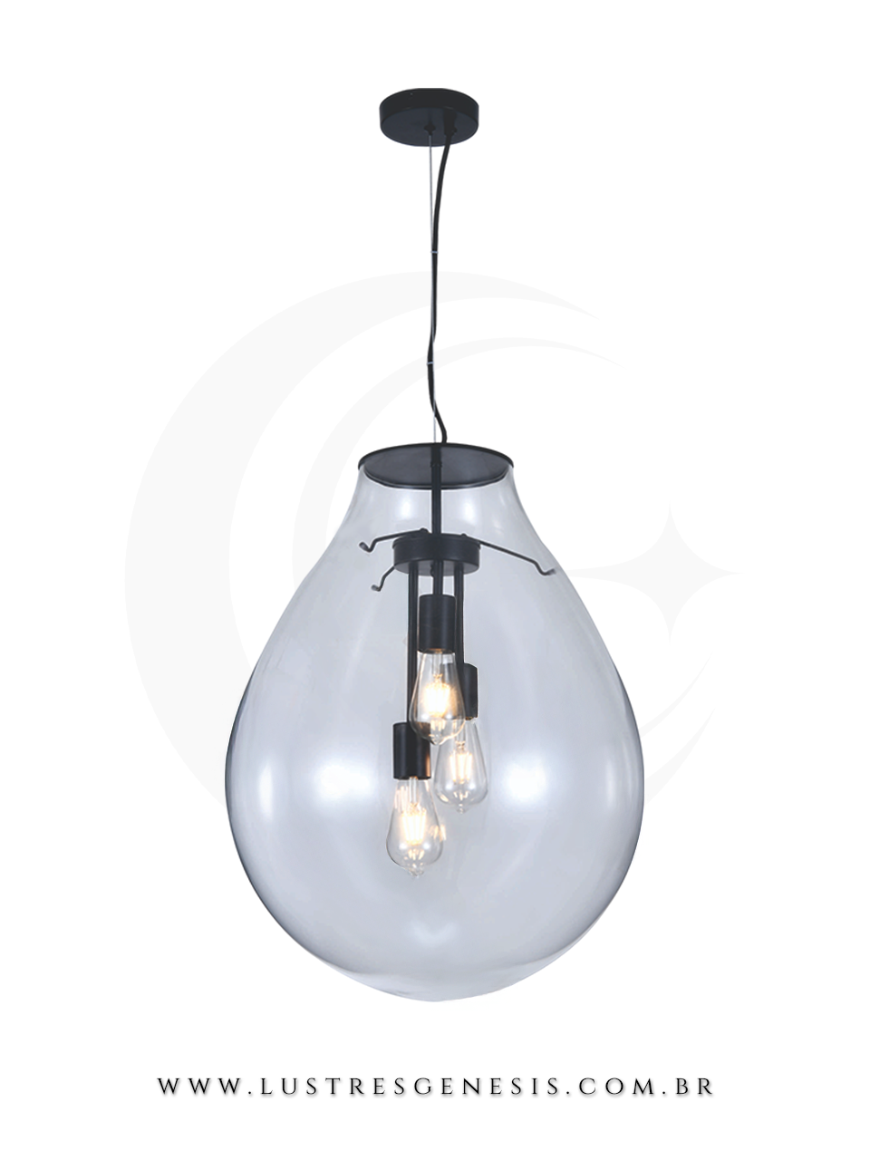 Pendente de teto com c&uacute;pula de vidro transparente em formato de gota e estrutura interna preta para tr&ecirc;s l&acirc;mpadas.