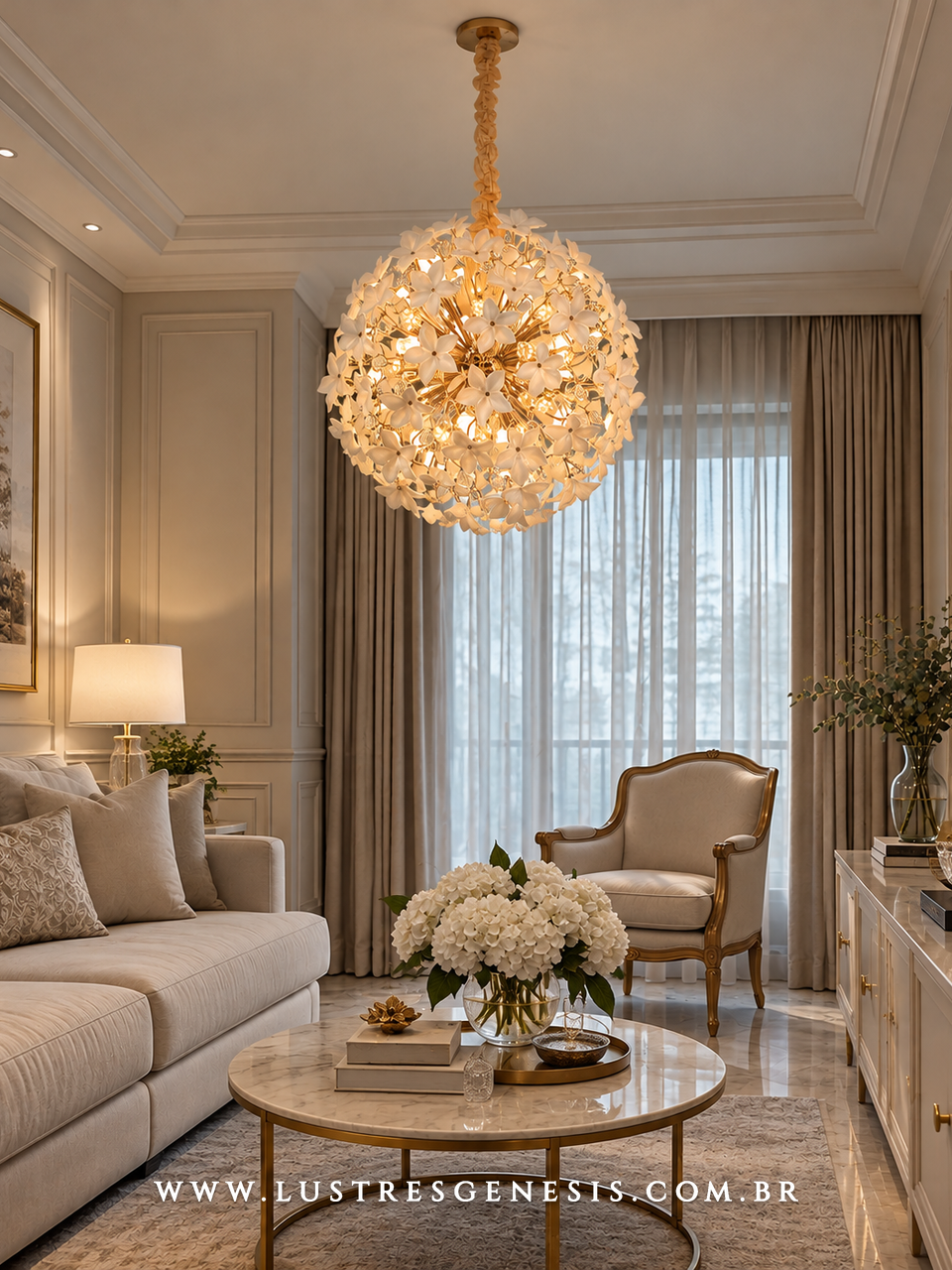 Luminaria Pendente de Cristal DCD06235 Dourado Redondo 50cm, Sala de Jantar, Mesa Area Gourmet, Suite Master, Sala de Estar