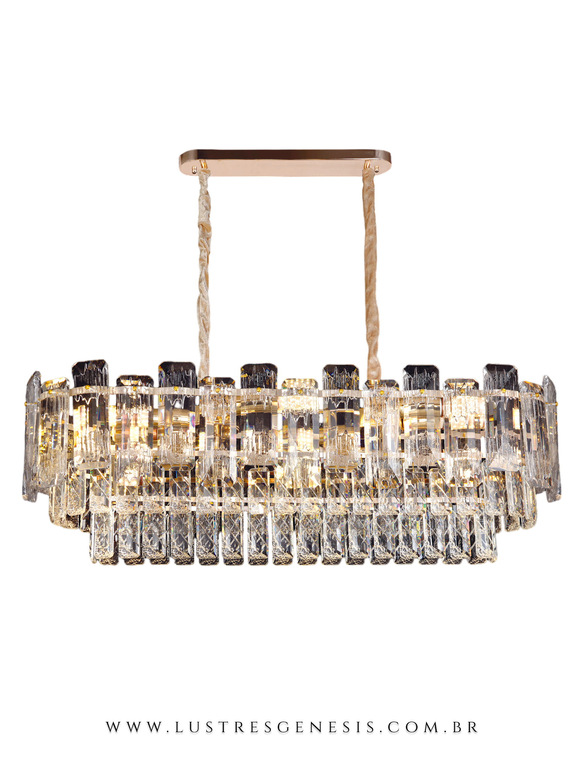 Lustre Pendente Retangular 100cm Novalie Detalhes Dourado