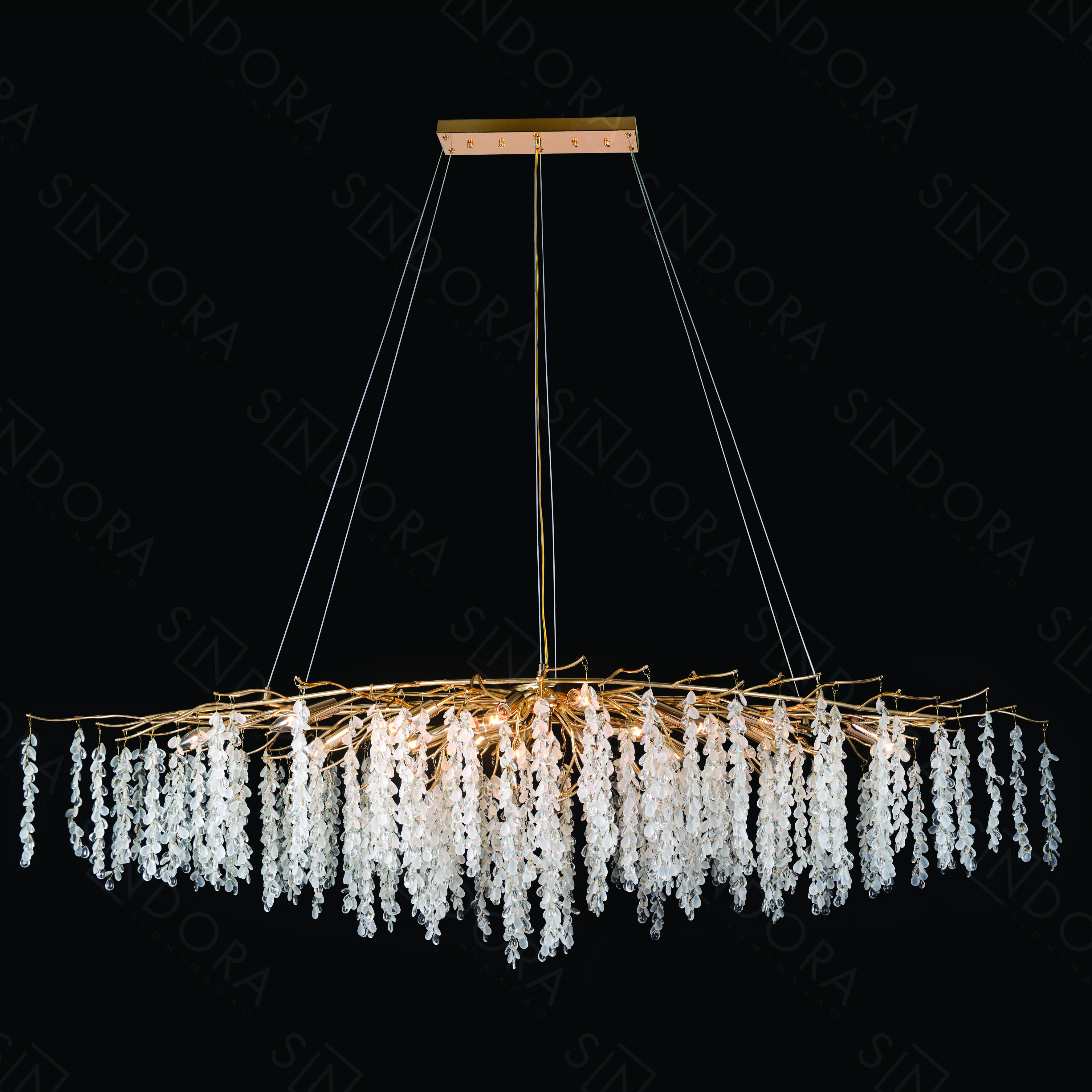 Lustre Pendente Cristal Transparente Estilo Contemporaneo Dourado Retangular 180x55cm Para Sala de Jantar Mesa Grande Hall e Sala de Estar
