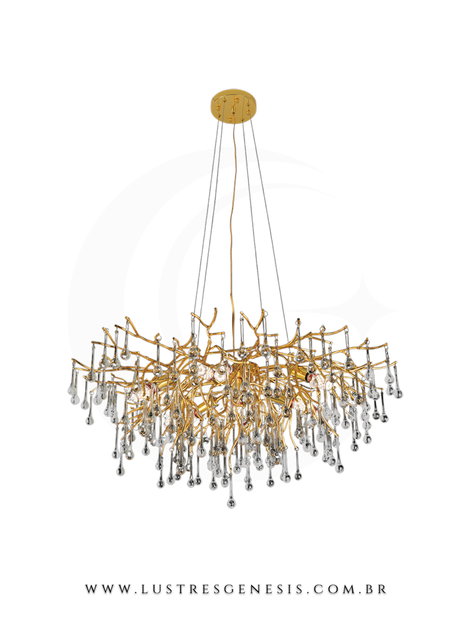 Lustre pendente de cristal moderno em formato de galho, com estrutura dourada e pingentes de cristal, ideal para sala de jantar, quartos ou sala de estar.