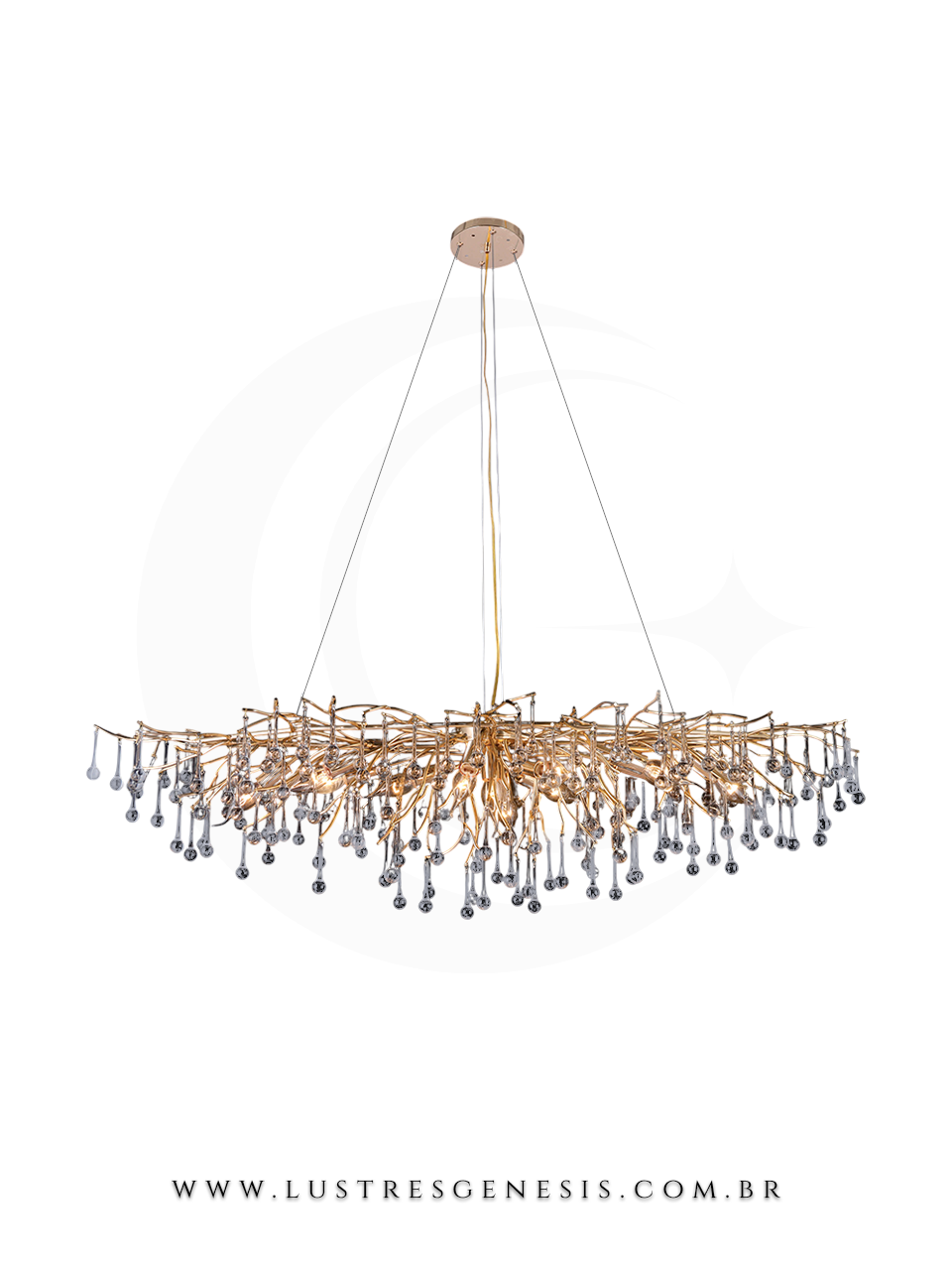 Lustre pendente de cristal moderno em formato de galho, com estrutura dourada e pingentes de cristal, ideal para sala de jantar, quartos ou sala de estar.