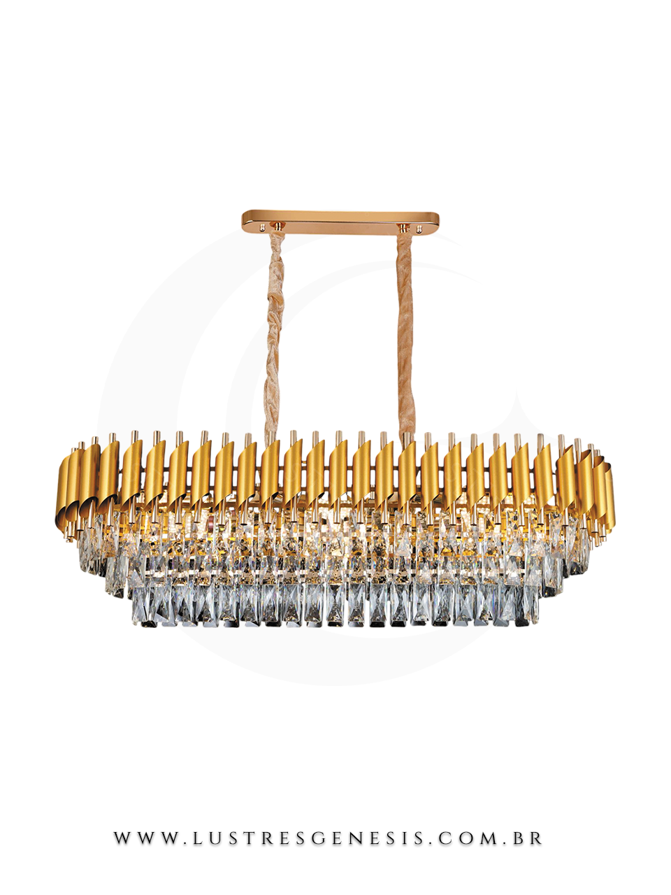 Lustre pendente de cristal Líbia contemporâneo dourado da Sindora, ideal para sala de jantar ou estar, com design moderno e sofisticado.