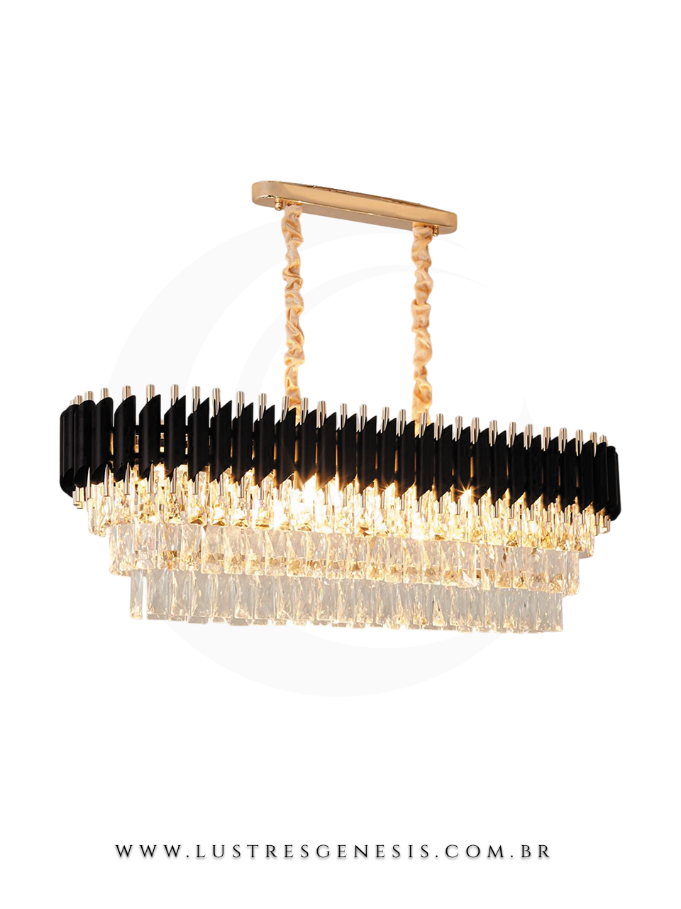 Lustre pendente de cristal Líbia contemporâneo preto de 96cm, ideal para sala de jantar ou estar, com detalhes modernos e acabamento refinado da Sindora Iluminação.