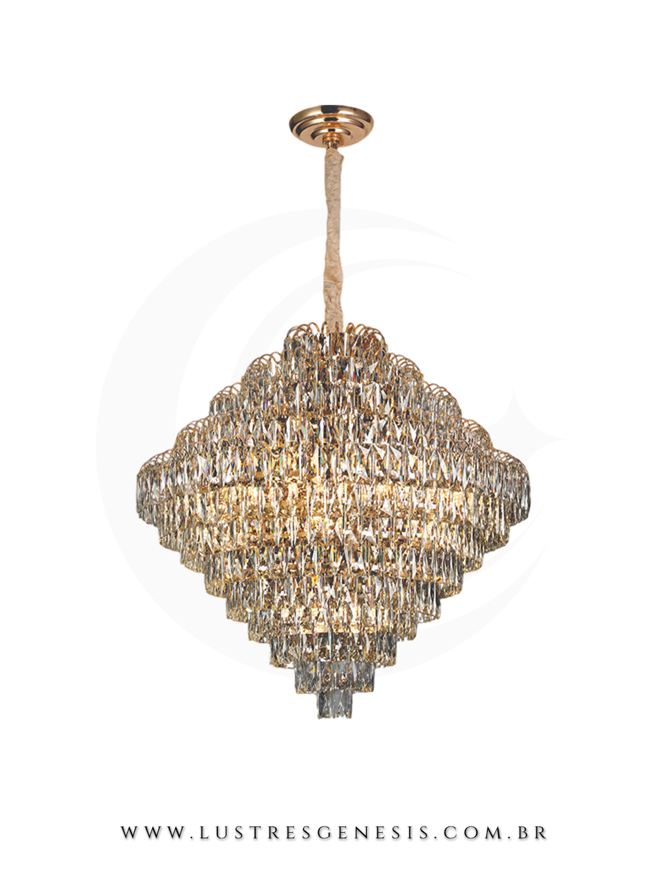 Lustre de cristal Florence dourado com cristais transparentes, ideal para casas com p&eacute; direito duplo e escadas.