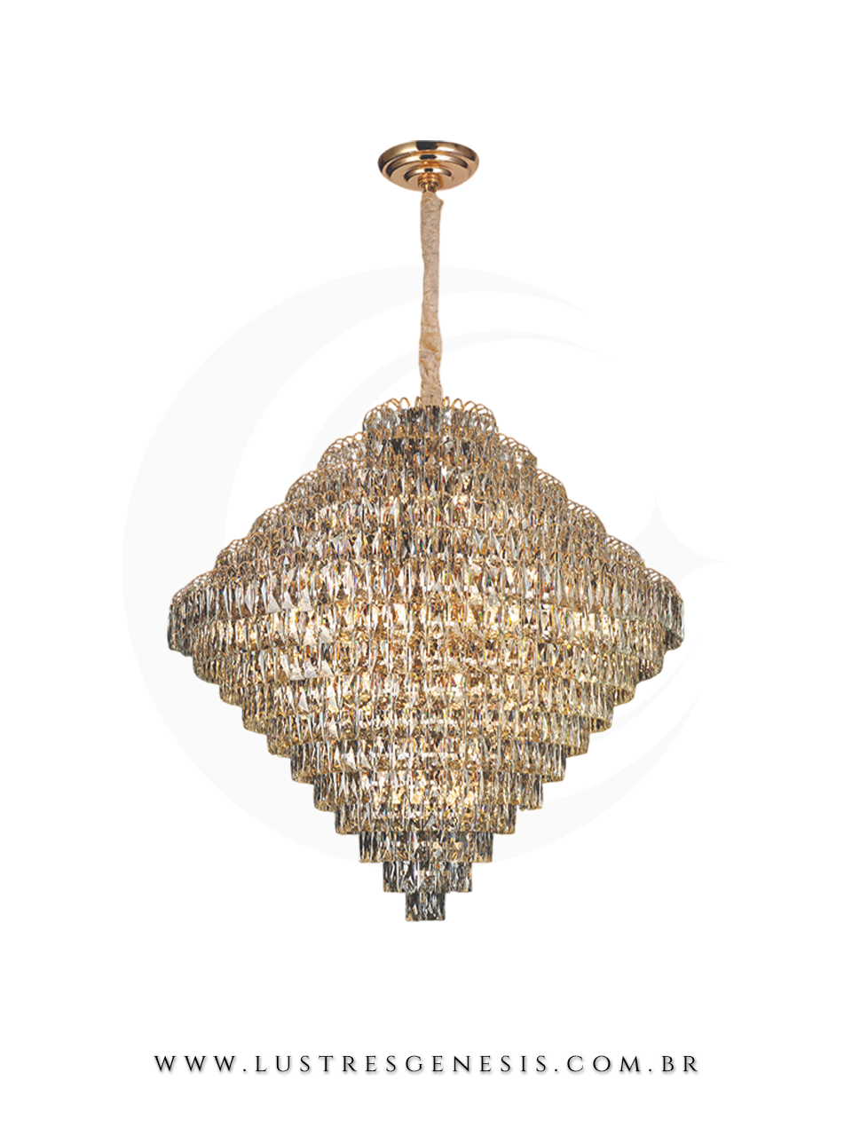Lustre de cristal Florence dourado com cristais transparentes, ideal para casas com p&eacute; direito duplo ou buffet.