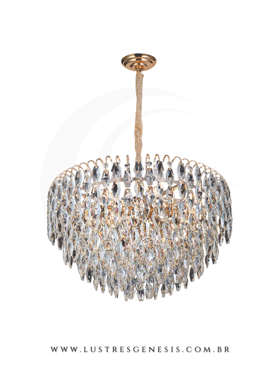 Lustre contempor&acirc;neo Am&eacute;lie de cristal redondo de 60cm com detalhes dourados, ideal para sala de jantar ou estar, da marca Sindora Ilumina&ccedil;&atilde;o.