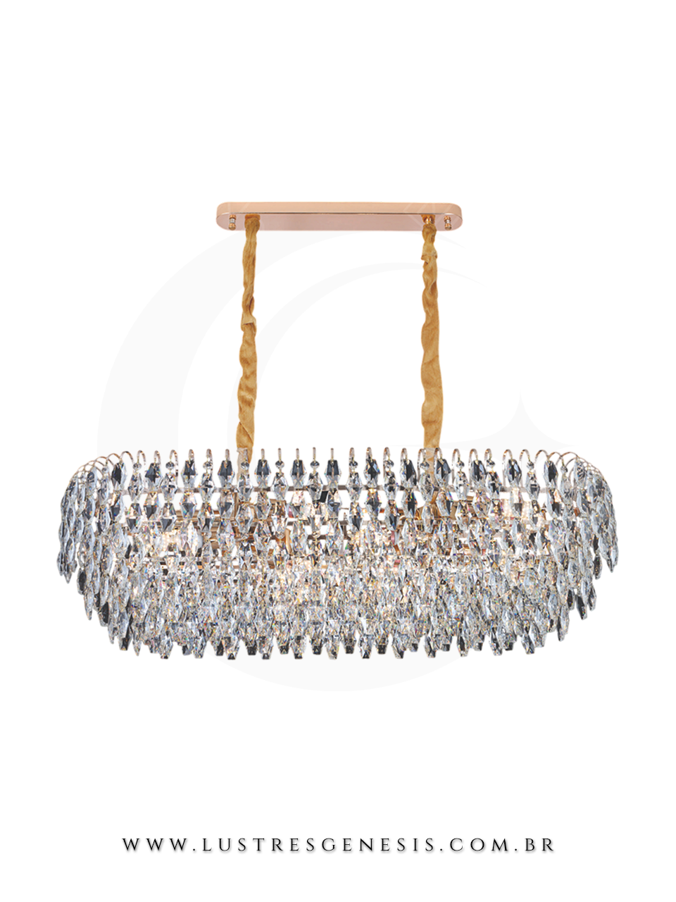 Lustre pendente contempor&acirc;neo Am&eacute;lie de cristal com detalhes dourados, ideal para sala de jantar ou estar, medindo 100cm.