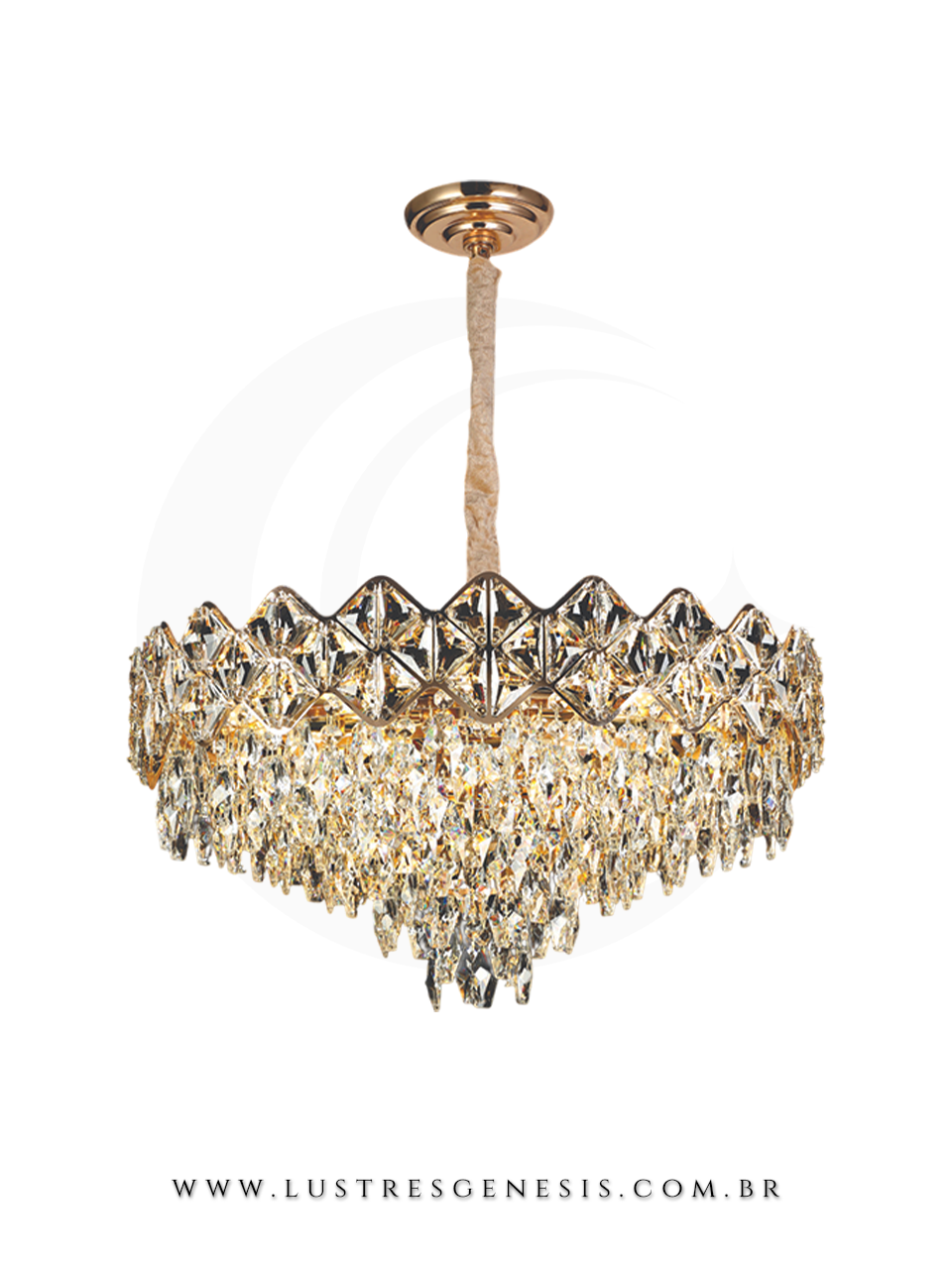 Lustre de cristal contempor&acirc;neo com detalhes dourados, ideal para sala de jantar ou estar, da linha Eudora.