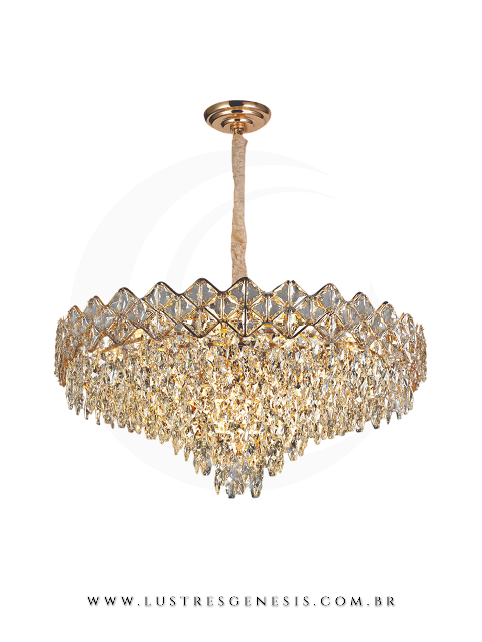 Lustre contempor&acirc;neo Am&eacute;lie de cristal redondo de 60cm com detalhes dourados, ideal para sala de jantar ou estar, da marca Sindora Ilumina&ccedil;&atilde;o.