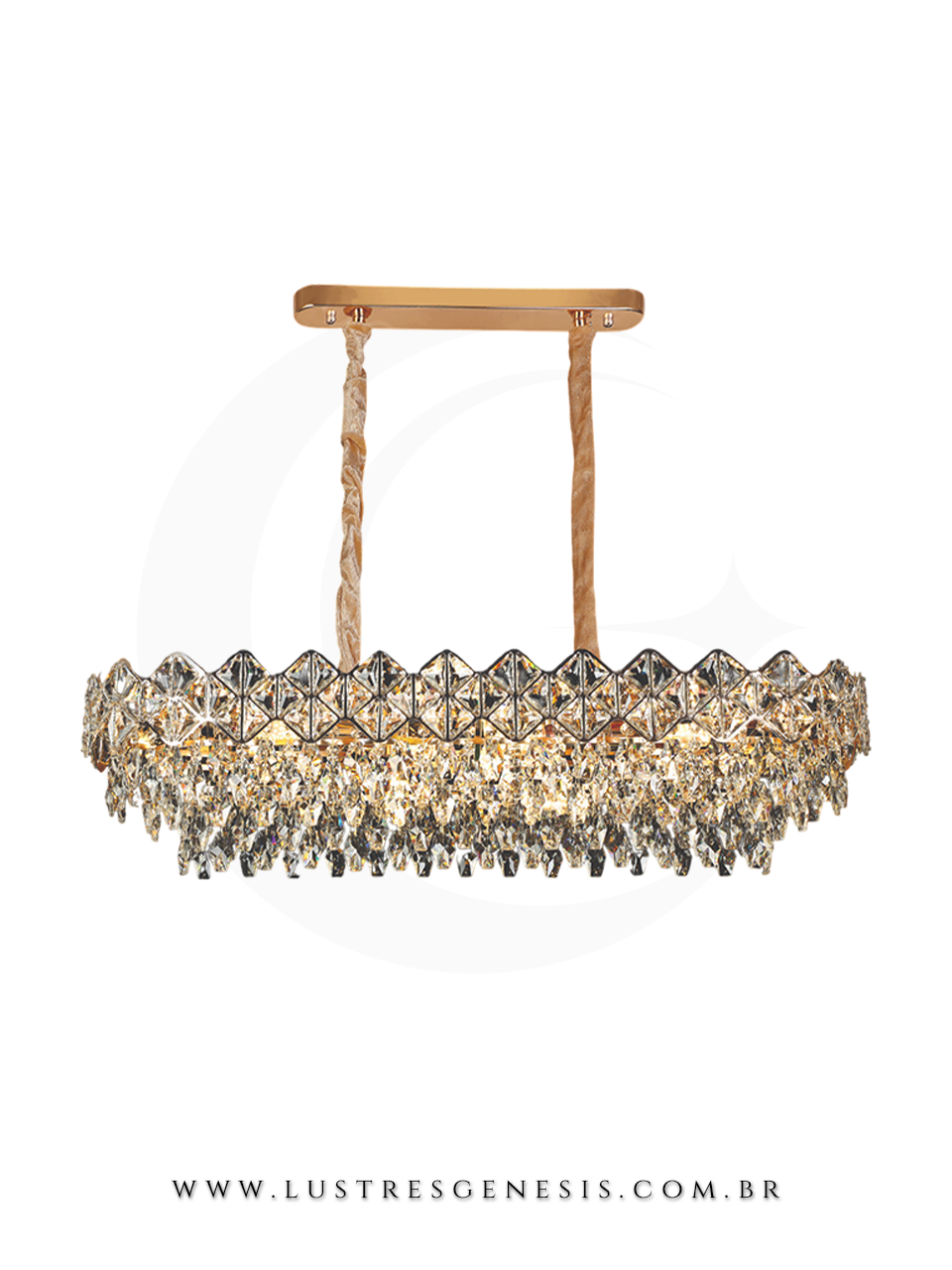 Lustre Eudora de cristal com 100cm, detalhes dourados, design contempor&acirc;neo, ideal para sala de jantar ou estar.
