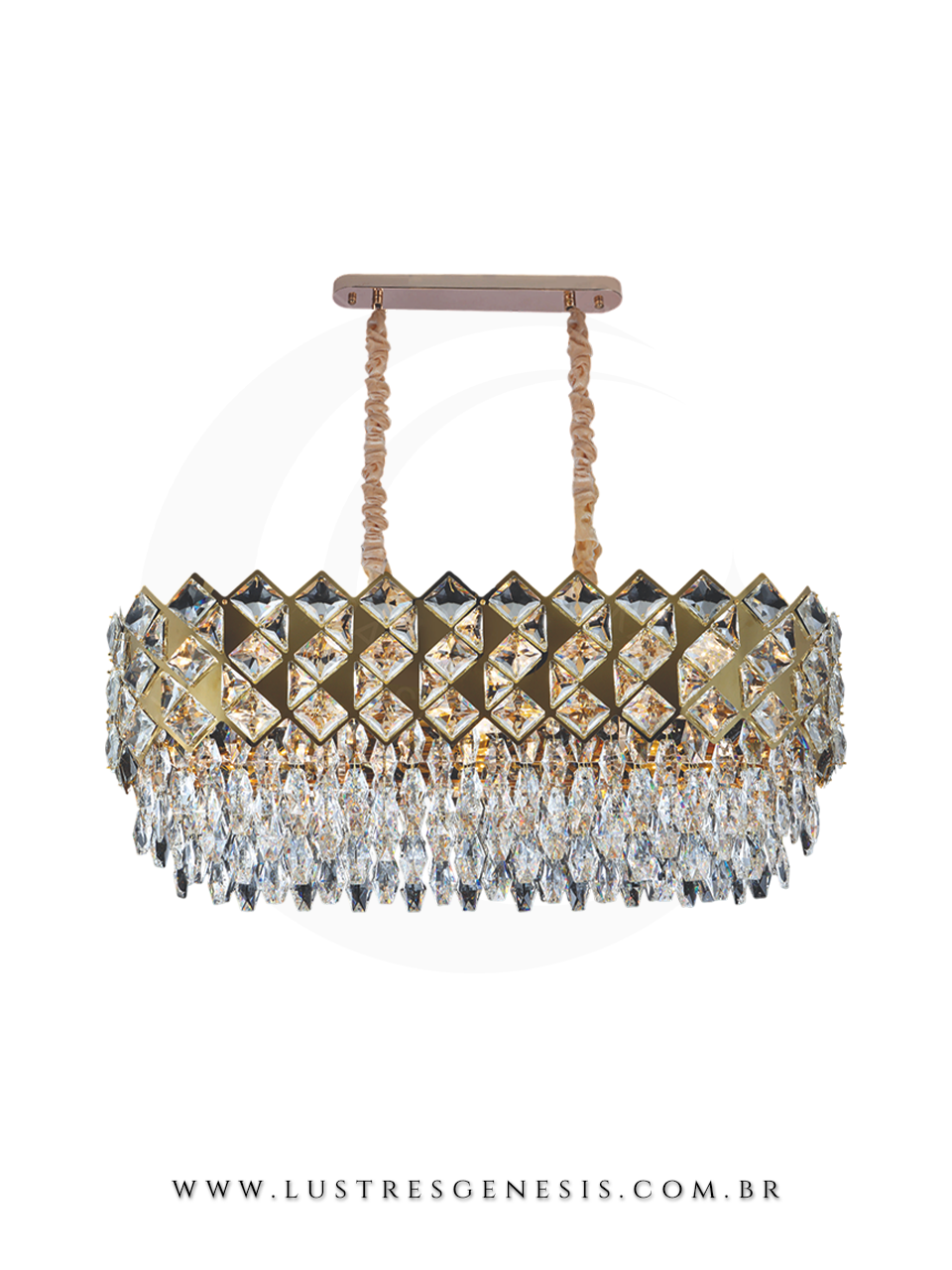 Lustre pendente de cristal modelo contempor&acirc;neo Freya, com estrutura dourada e cristais lapidados, ideal para sala de jantar ou sala de estar.