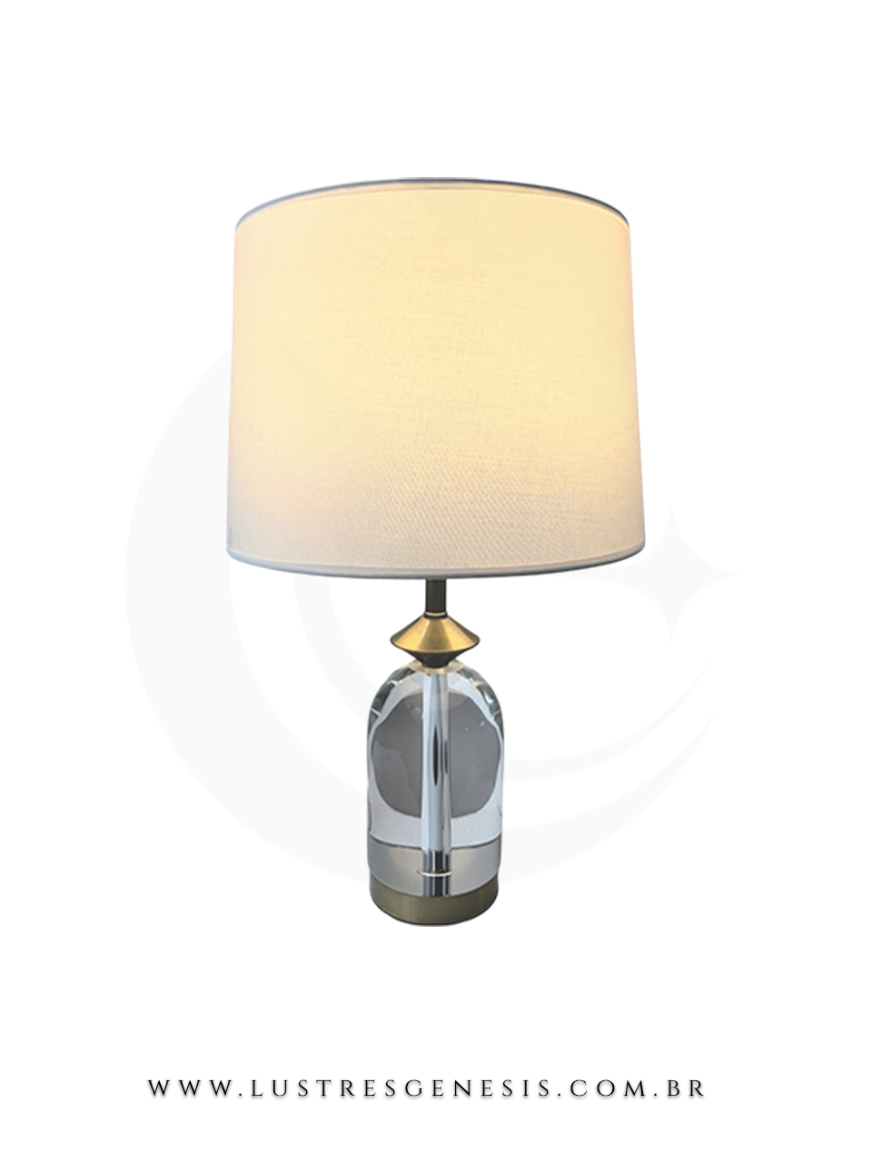 Abajur moderno de cristal Pawn da Sindora, ideal para leitura, quartos, escritórios e escrivaninhas, com base transparente e cúpula clara.