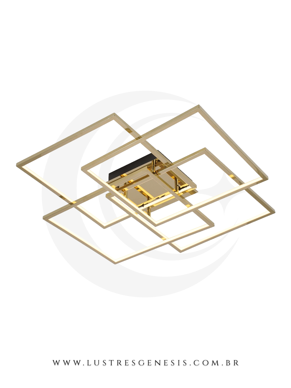 Plafon Moderno Aliance Inox Dourado 85x85cm com design geométrico para ambientes como sala de estar e sala de jantar. Lustres Gêneis loja online de Lustres e Iluminação Decorativa
