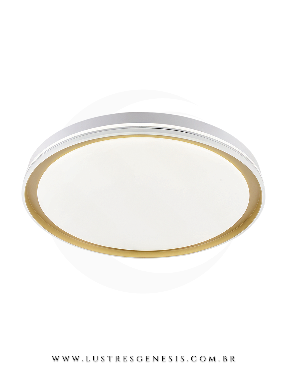 Plafon moderno redondo de 28cm Meko com 3 LEDs integrados, acabamento branco e detalhe dourado, ideal para quartos, sala de estar, hall de entrada ou escrit&oacute;rio.