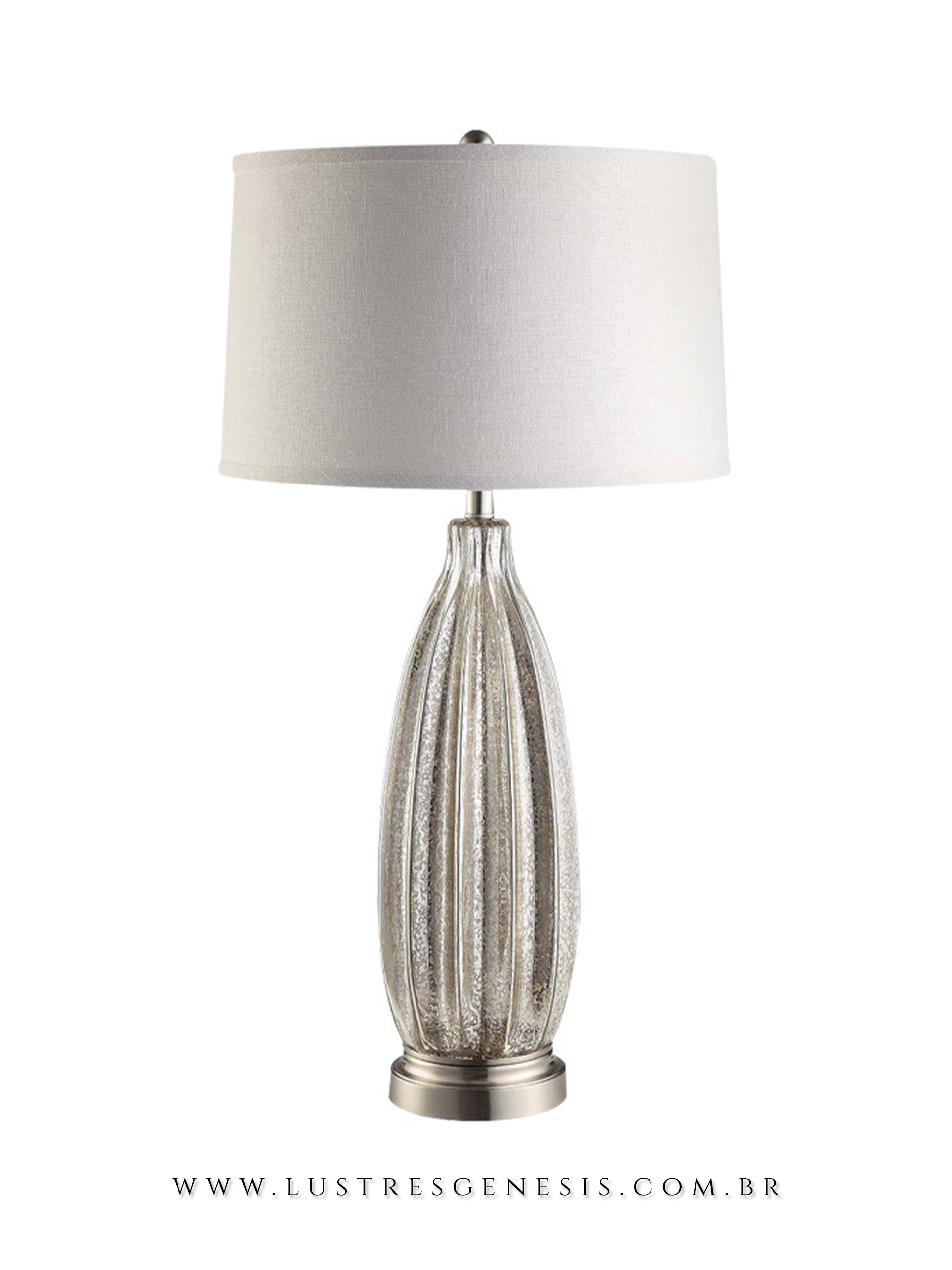 Abajur Tarin com base de vidro texturizado e cúpula branca, ideal para quartos e escritórios, da marca Lux Lustres.