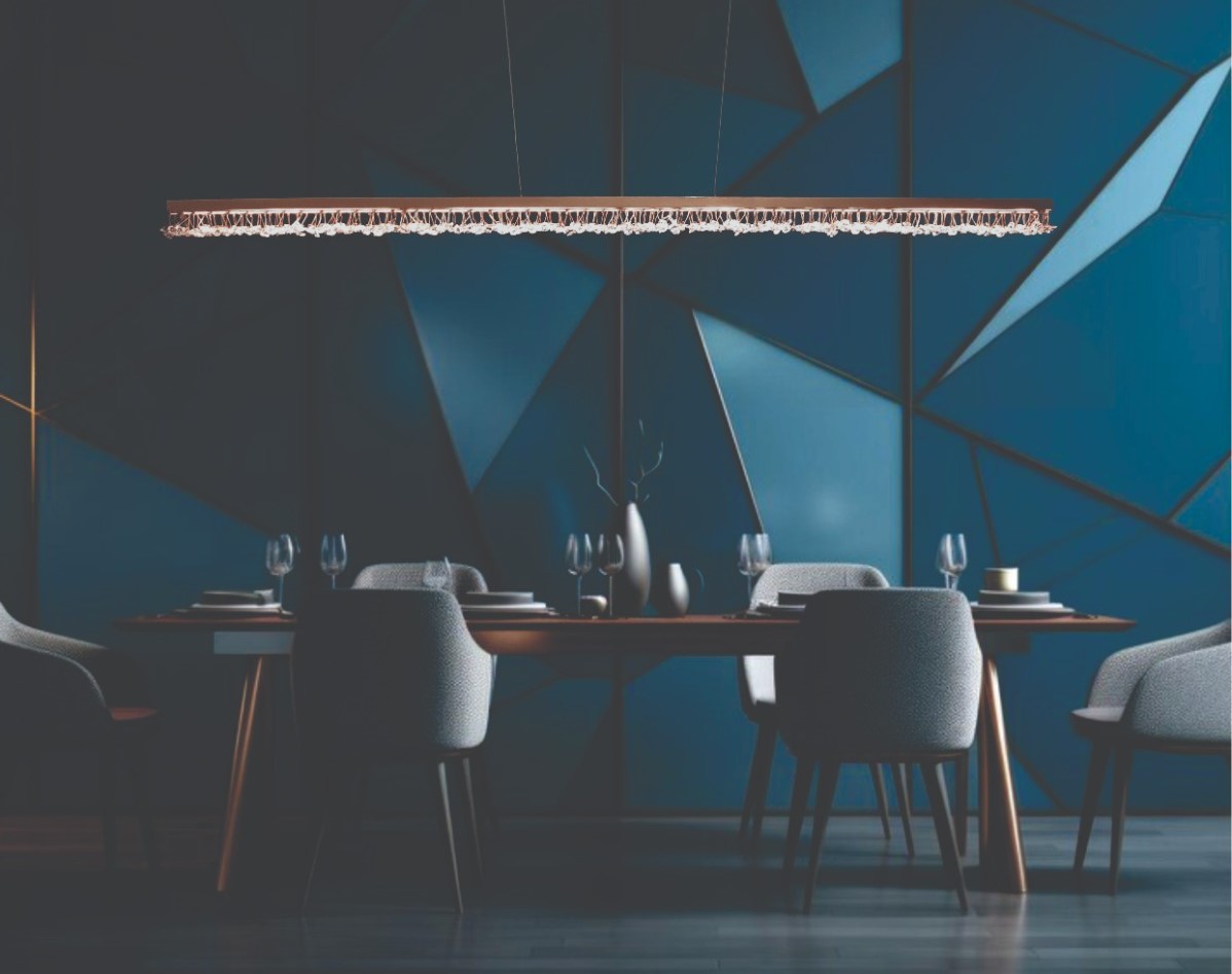 Lustre pendente de cristal Stretto 120cm instalado sobre mesa de jantar em ambiente moderno e sofisticado.
