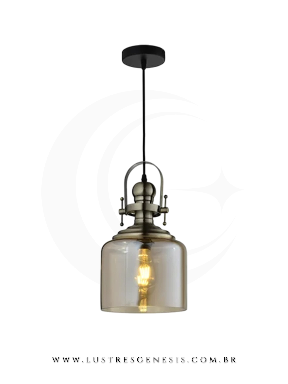 Luminaria Pendente Aisha Vidro Amber com Estrutura Preta Estilo Retro Industrial para Sala de Jantar Bancada Area Gourmet Living e Hall