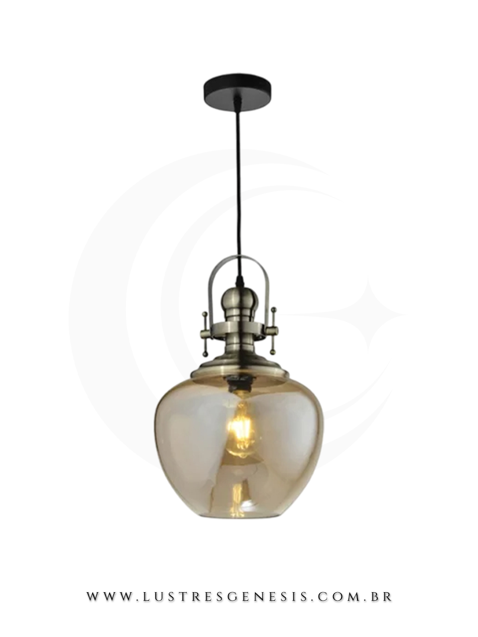 Luminaria Pendente Aisha Vidro Amber com Estrutura Preta Estilo Retro Industrial para Sala de Jantar Bancada Area Gourmet Living e Hall
