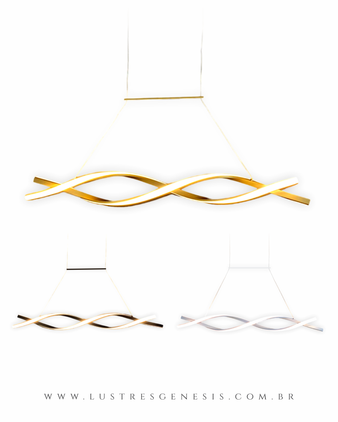 Lustre Pendente de LED Moderno Infinito Dourado instalado em uma sala de jantar moderna com mesa de madeira e cadeiras acolchoadas DCD03029 Lustres Gênesis - o melhore site da Internet para comprar Lustre