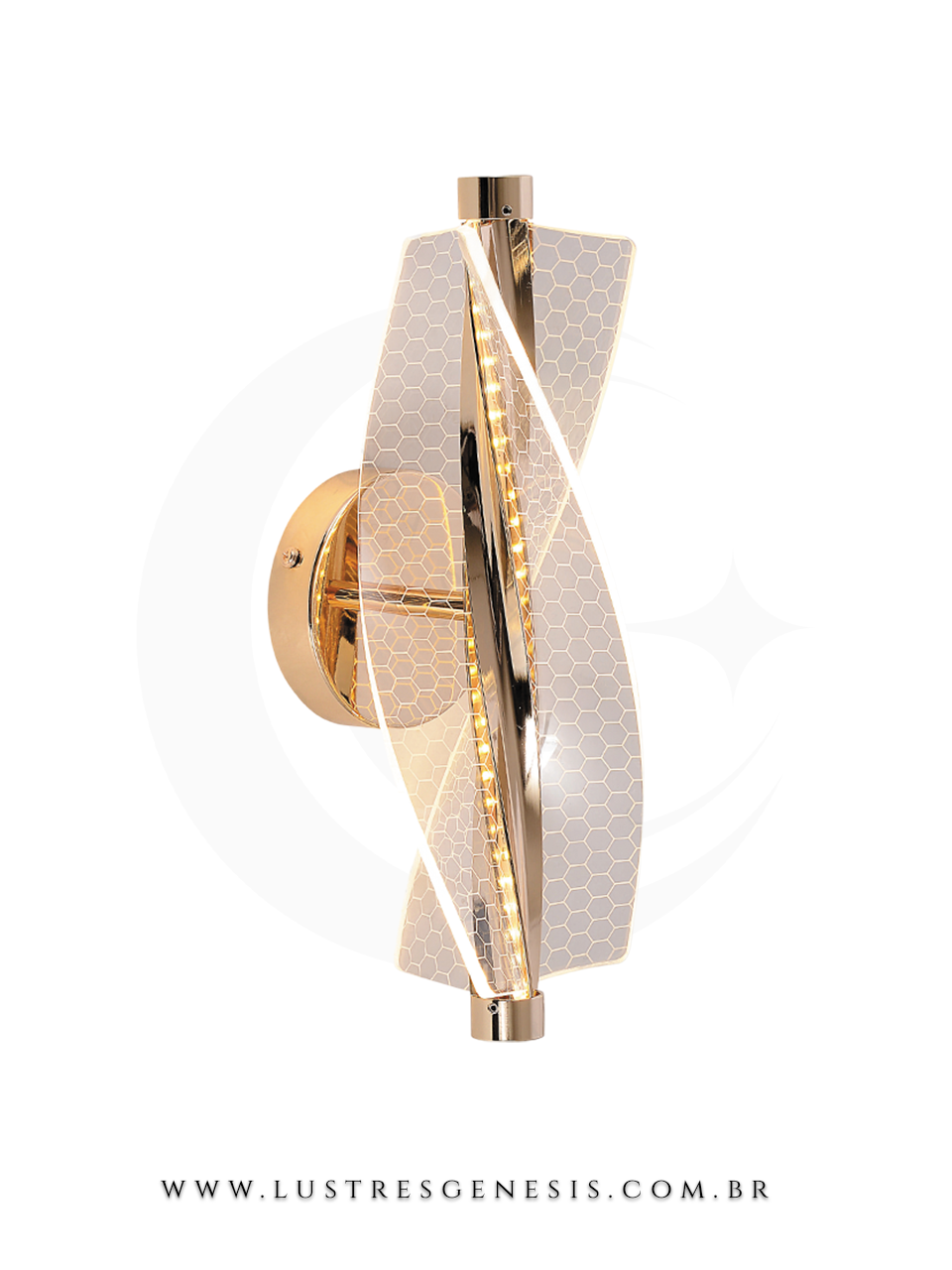 Arandela de parede moderna Trinket Colmeia com acabamento dourado e design sofisticado, ideal para cabeceira de cama, garagem, corredor e lavabos da marca Sindora Iluminação.