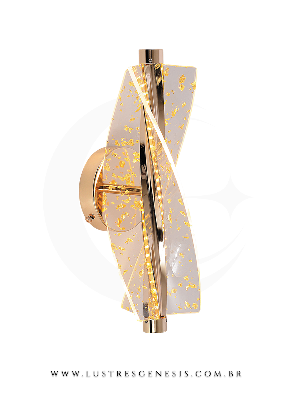 Luminária de parede moderna Sindora com detalhes em folhas de ouro, ideal para cabeceira de cama, corredor, garagem ou lavabos.