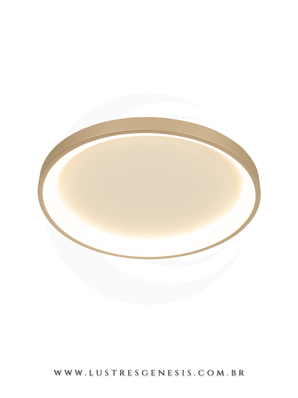 Plafon redondo dourado grande de LED, moderno, com 58cm de di&acirc;metro, ideal para quartos, sala de estar, corredor, hall e escrit&oacute;rio.