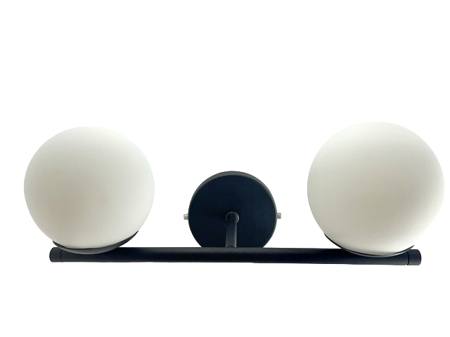 Arandela simples horizontal com dois globos leitosos de Ø15, ideal para quartos, cabeceira de cama e lavabo. Lustres Gênesis loja online de Lustres e Iluminação Decorativa