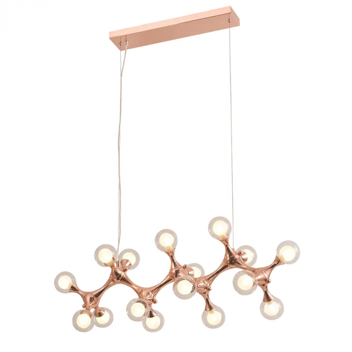 Lustre pendente moderno com design de molécula em base rose gold e 16 globos de vidro. Lustres Gênesis loja online de Lustres e Iluminação Decorativa. 