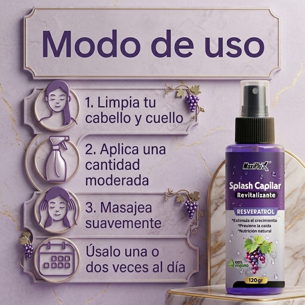Splash Capilar Revitalizante ​Este producto contiene Resveratrol y est&aacute; enfocado en estimular el crecimiento, prevenir la ca&iacute;da y brindar nutrici&oacute;n natural.  ​Modo de Uso   ​Limpia tu cabello y cuello. ​Aplica una cantidad moderada. ​Masajea suavemente. ​Frecuencia: &Uacute;salo una o dos veces al d&iacute;a.
