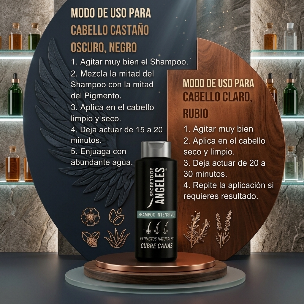 Shampoo Intensivo - Secreto de &Aacute;ngeles ​Este producto est&aacute; dise&ntilde;ado para cubrir canas y tiene instrucciones diferentes seg&uacute;n el tono de cabello:  ​Para Cabello Casta&ntilde;o Oscuro o Negro ​Agitar muy bien el shampoo. ​Mezclar la mitad del shampoo con la mitad del pigmento. ​Aplicar en el cabello limpio y seco. ​Dejar actuar de 15 a 20 minutos. ​Enjuagar con abundante agua. ​Para Cabello Claro o Rubio ​Agitar muy bien el producto. ​Aplicar en el cabello seco y limpio. ​Dejar actuar de 20 a 30 minutos. ​Repetir la aplicaci&oacute;n si requieres m&aacute;s resultado.