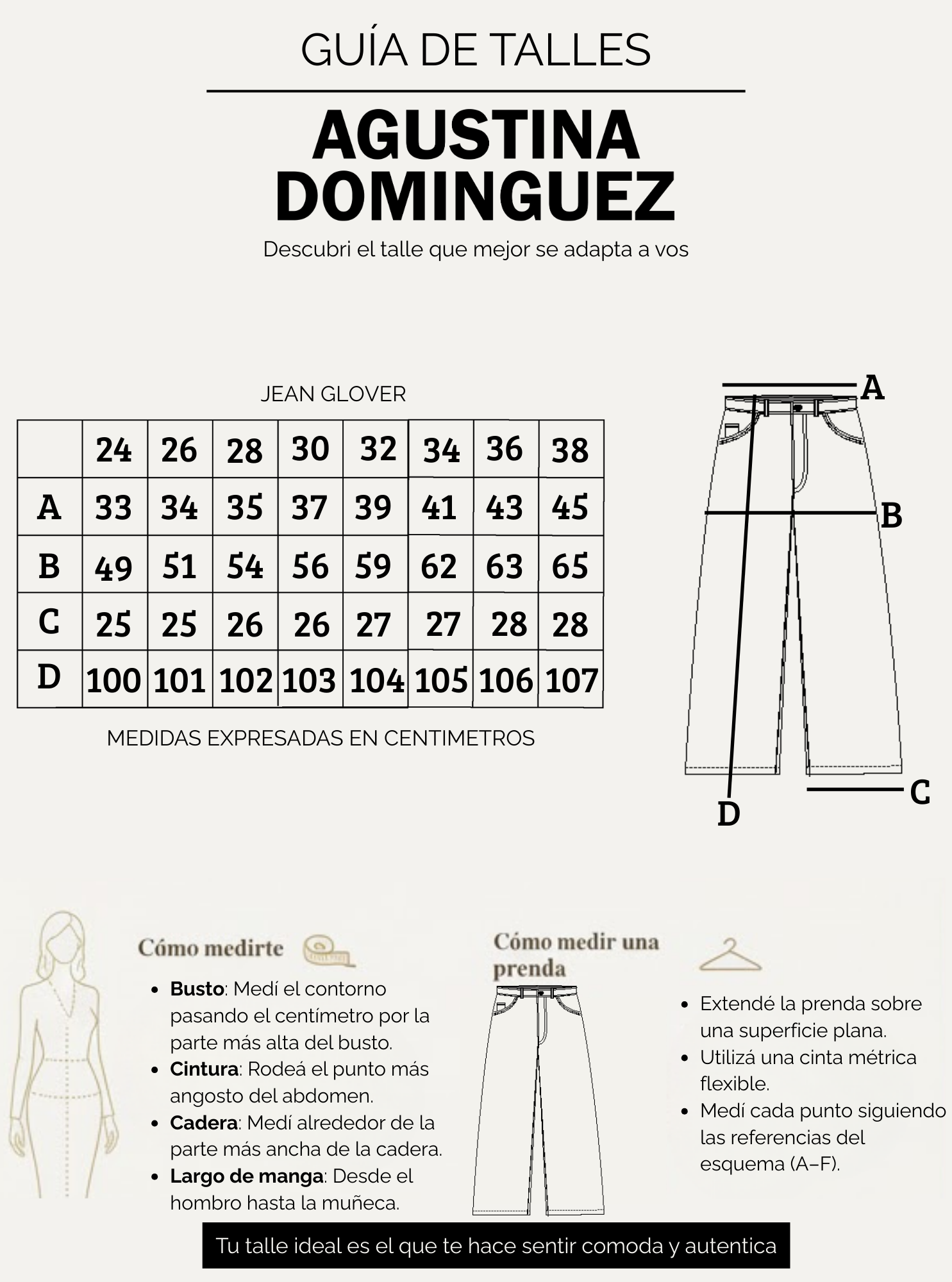 Tabla de talles de Jean Glover