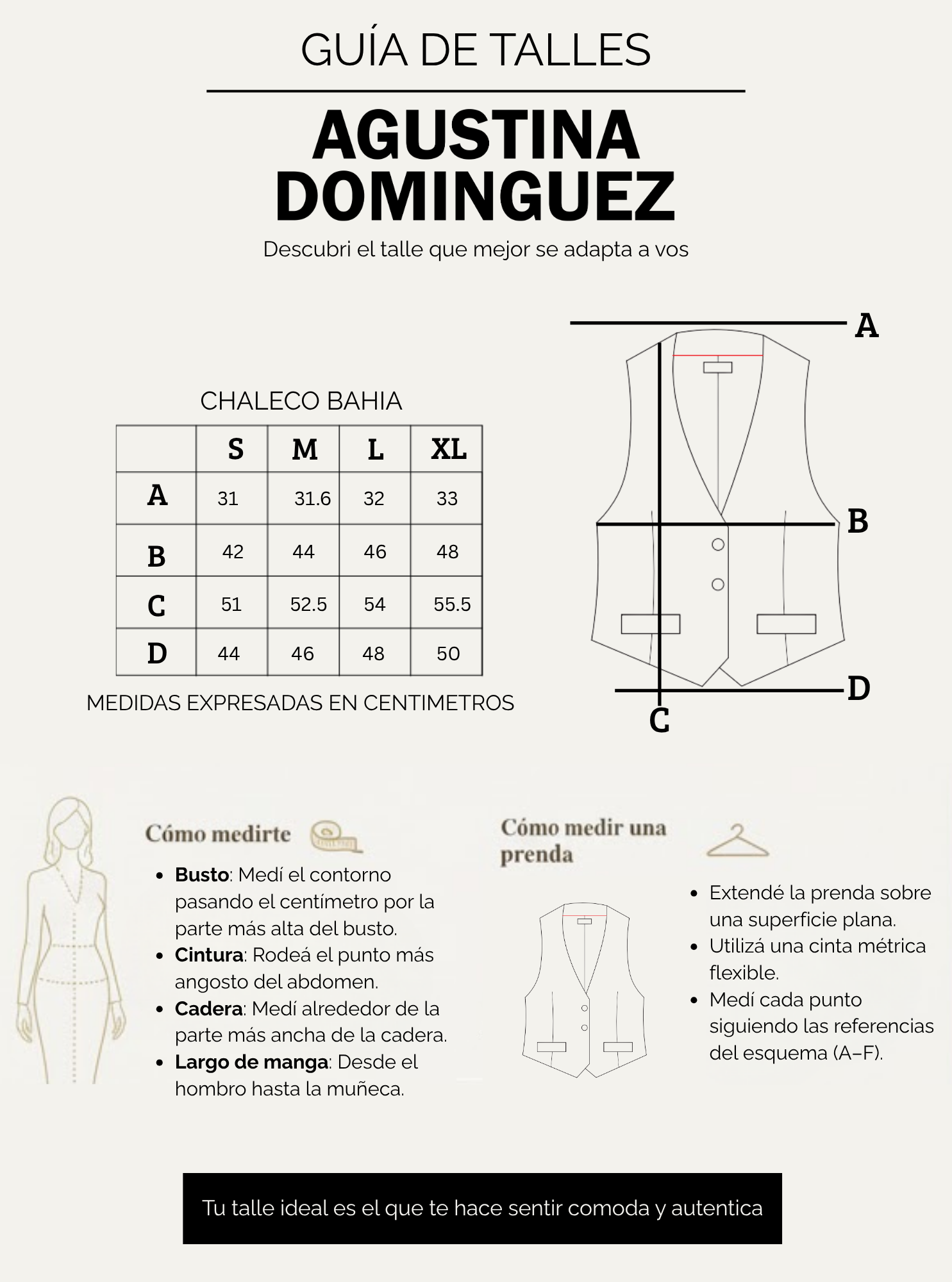 Tabla de talles del Chaleco Bah&iacute;a