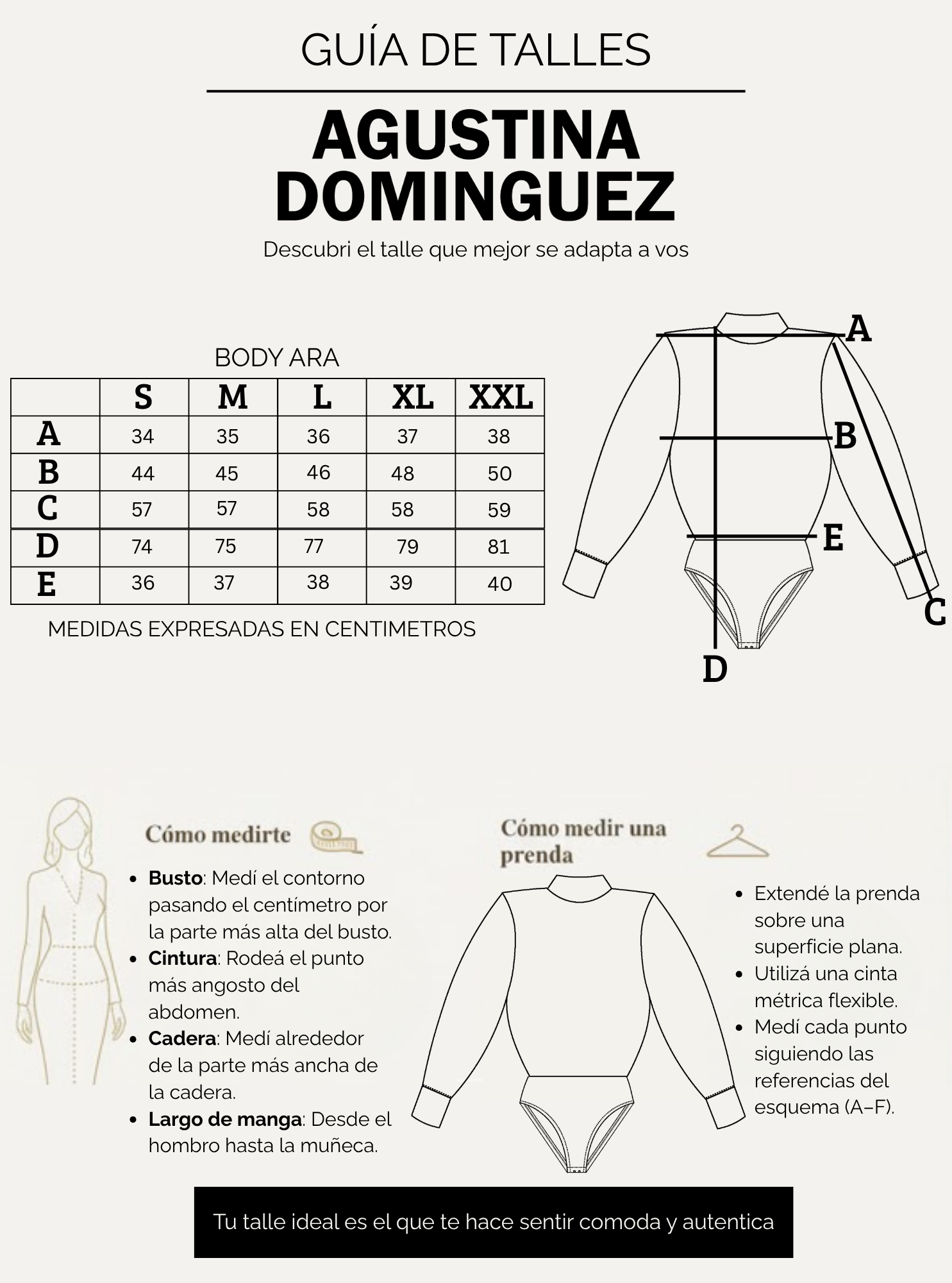 Tabla de talles de Body Ara Negro