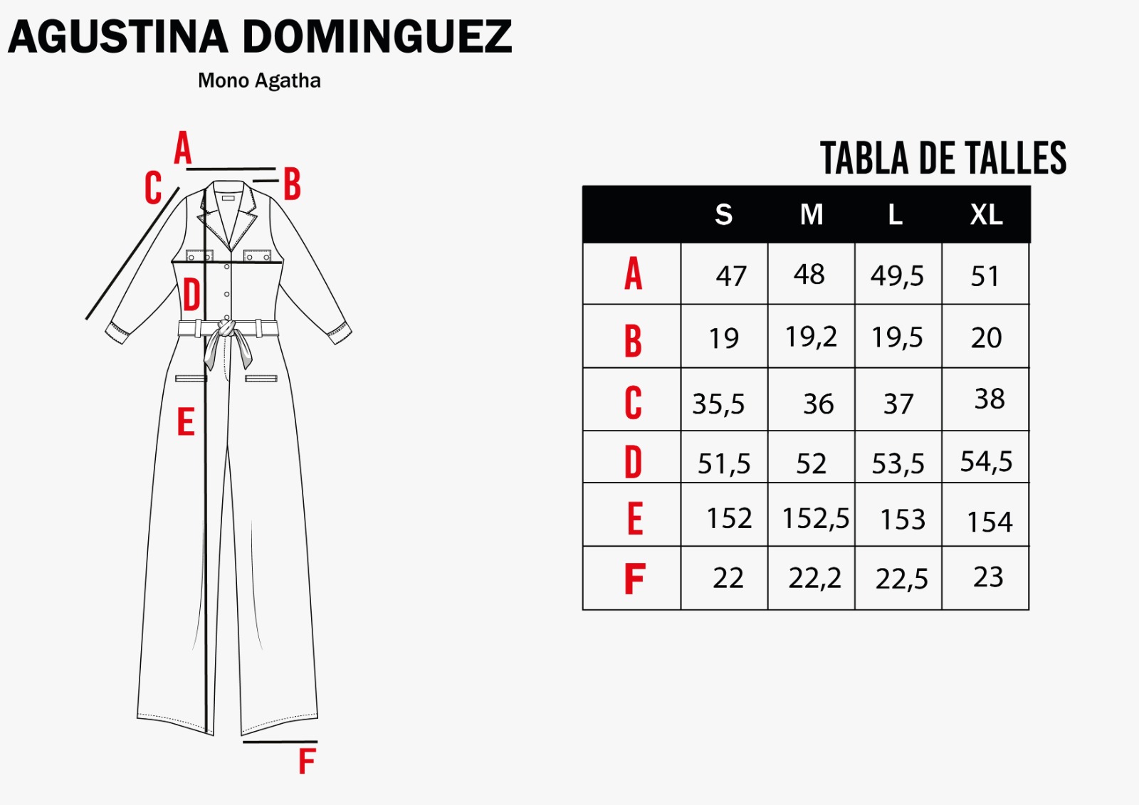 Tabla de talles de Mono Agatha Camel