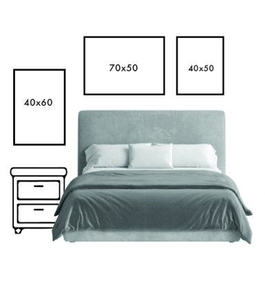 Opci&oacute;n B &mdash; con mesa de luz: 1 cuadro 70x50 sobre la cama, 1 cuadro 40x50 sobre la cama, 1 cuadro 40x60 sobre la mesa de luz