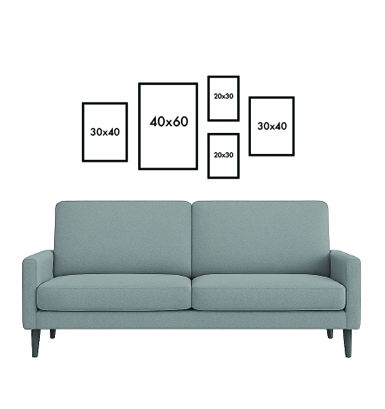 Opci&oacute;n E &mdash; galer&iacute;a asim&eacute;trica: 1 cuadro 40x60, 1 cuadro 40x50, 3 cuadros 30x40