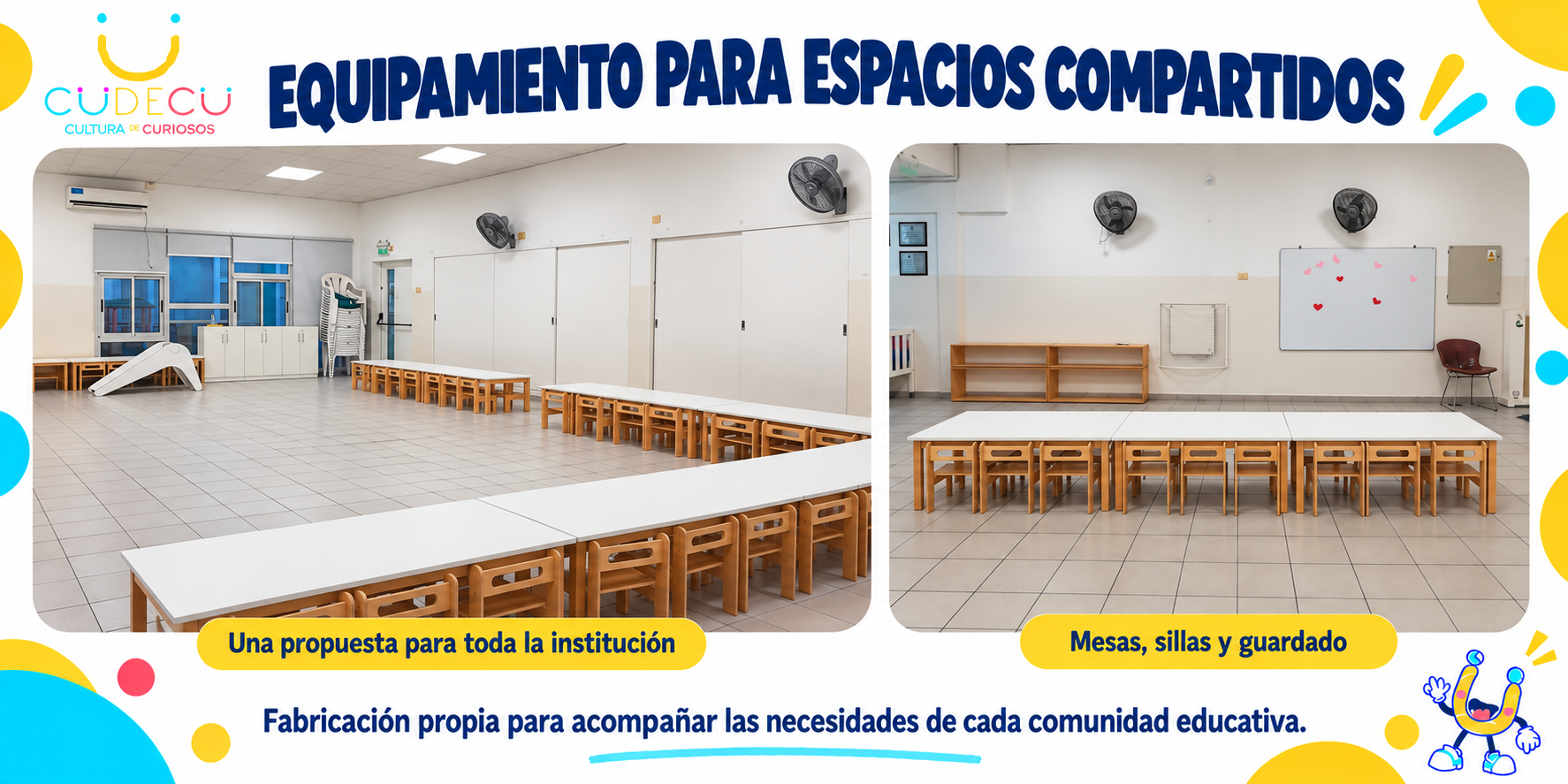Equipamiento institucional de mesas, sillas y muebles de guardado para un espacio compartido