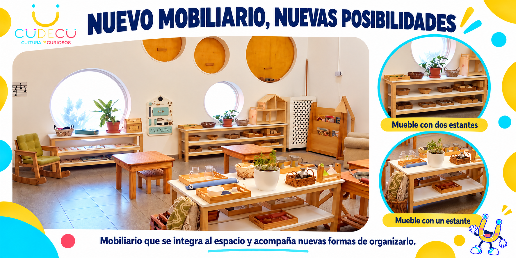 Muebles CUDECU con uno y dos estantes integrados al equipamiento existente de una instituci&oacute;n