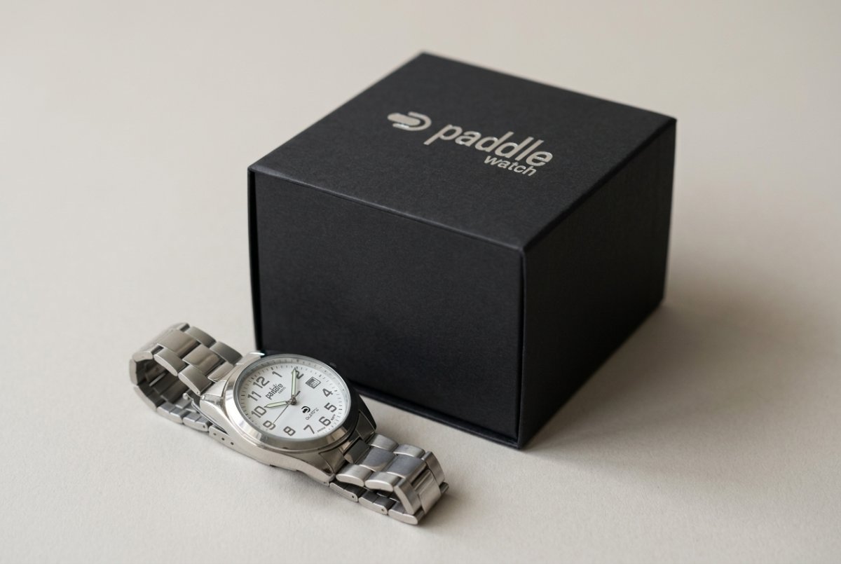 Caja de regalo negra Paddle Watch con reloj clásico de acero